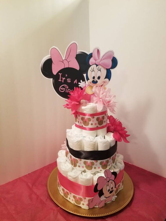 Girl 3 Tier Diaper Cake Pink Minnie Mouse Baby Shower Gift Centerpiece 