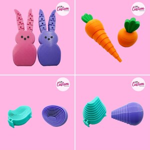 May include: A set of 3D printed silicone moulds for baking. The moulds are shaped like a carrot, a bunny rabbit, and a flower. The moulds are purple, blue, and green.
