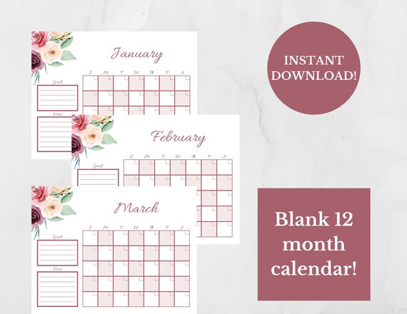 Blank Monthly Calendar Instant Download Printable 11 x 8.5 | Etsy