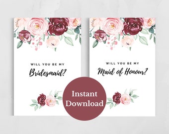Will you be my Bridesmaid Printable, Maid of Honour Printable, Instant Download, Bridal Shower Card, Bridesmaid Card, Floral Bridesmaid Card