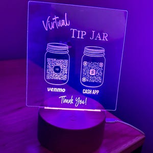Light Up Virtual Tip Jar Sign Custom Engraved QR Code LED Display