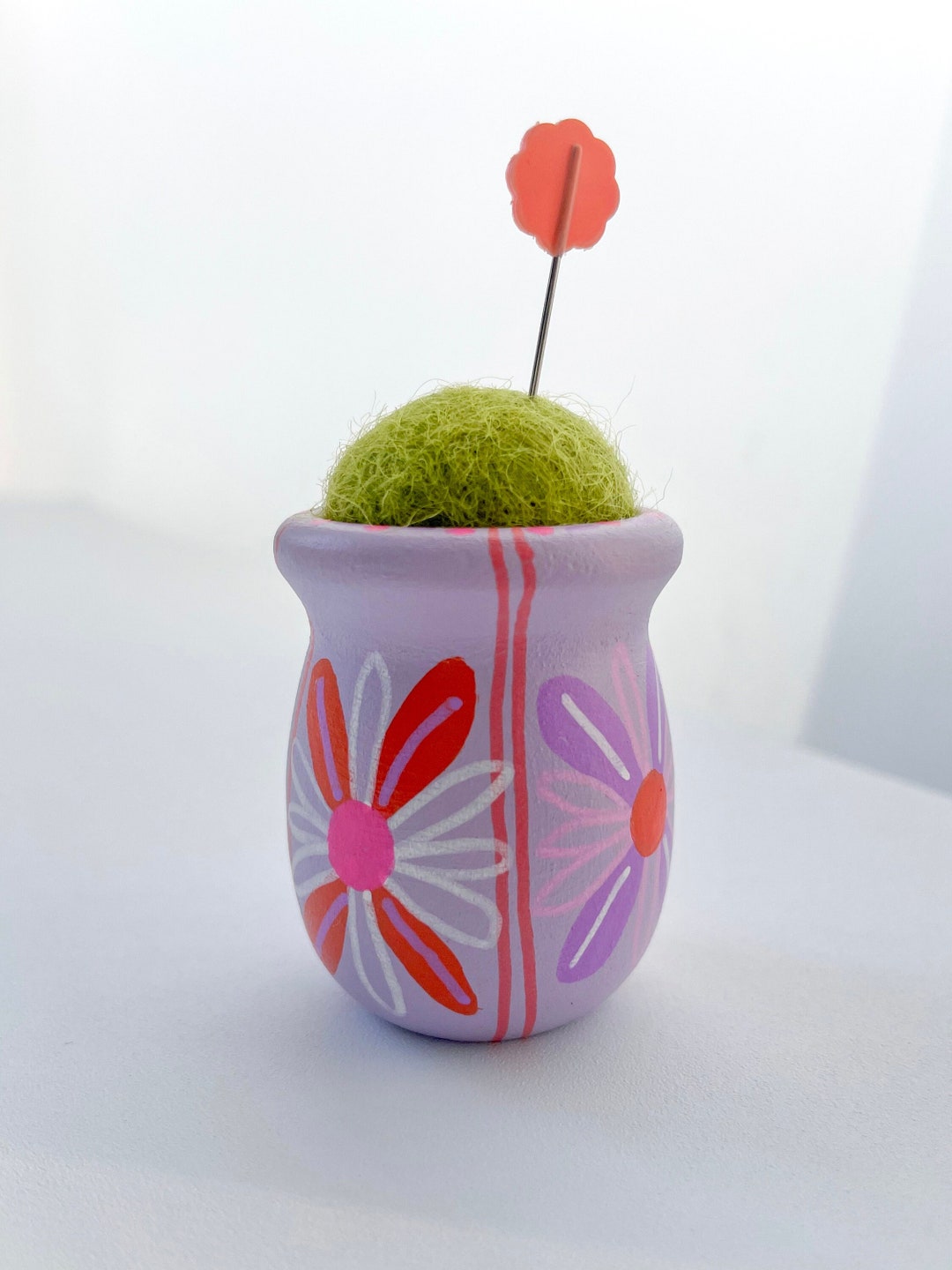 Mini Pincushion Hand Painted Wood Base Bright Olive Green Pom, Light Purple, White, Orange