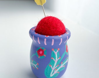Mini Pincushion - hand painted wood base red pom, periwinkle, blue, turquoise, blue, pink, white, orange, red, flowers, stripes and dots