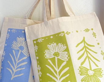 Reflected Folk Floral Screen Printed Flat Canvas Cotton Tote Bag Chartreuse Green Periwinkle Blue Purple