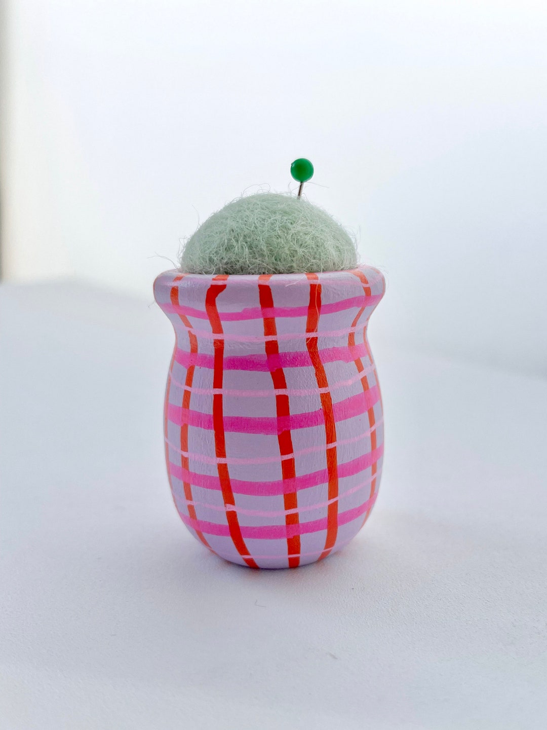 Mini Pincushion Hand Painted Wood Base Light Blue Felt Pom Pink, Orange, Light Purple Stripes Etsy