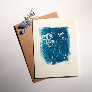 Handgemaakte originele cyanotype print lege groeten kaart