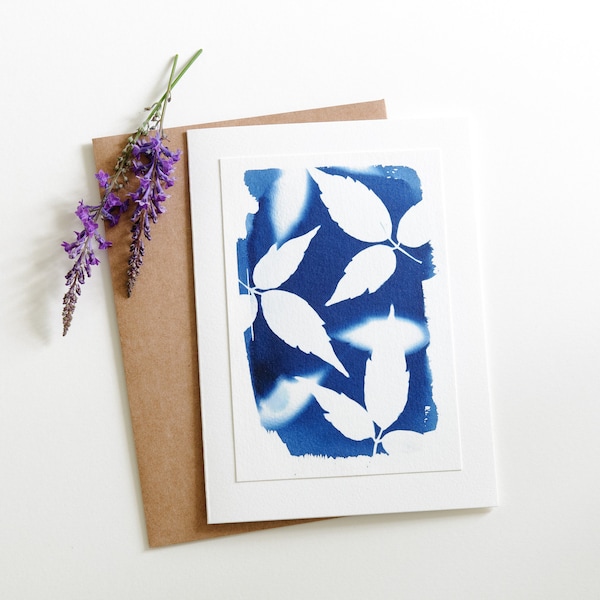 Handmade original cyanotype print blank greetings card