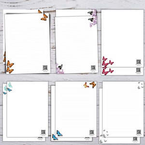 6 afdrukbaar JW-briefpapier met QR-codes voor website, vlinderbriefschrijfsjabloon, Amerikaanse letter en A4-formaten