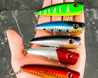 Topwater Popper Large Crankbait Floating Minnow Set (5) - Fishing Lure Set - Bass Fishing Lure Set - Gifts for Him - Gifts for Dad