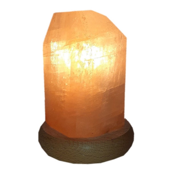 Honigcalcit Edelsteinlampe, polierte Naturstein Leuchte mit Holzsockel, dekoratives Stimmungslicht N825