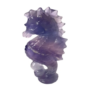 Könnte beinhalten: Eine violette Seepferdchen-Figur aus Amethyst. Die Figur ist detailliert und hat eine glatte, polierte Oberfläche.