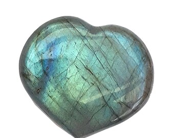 May include: A heart-shaped labradorite crystal with a blue-green iridescent sheen. The crystal is smooth and polished.