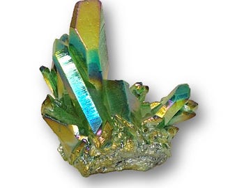 Green-multicolored, vapor-coated rock crystal group, a real eye-catcher with precious metal shine, N97