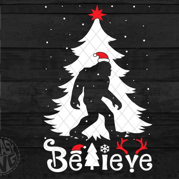 Je crois Elfe Joyeux arbre de Noël Noël Vacances Neige Hiver Santasquatch Bigfoot Yeti SVG PNG Modifiable Imprimable