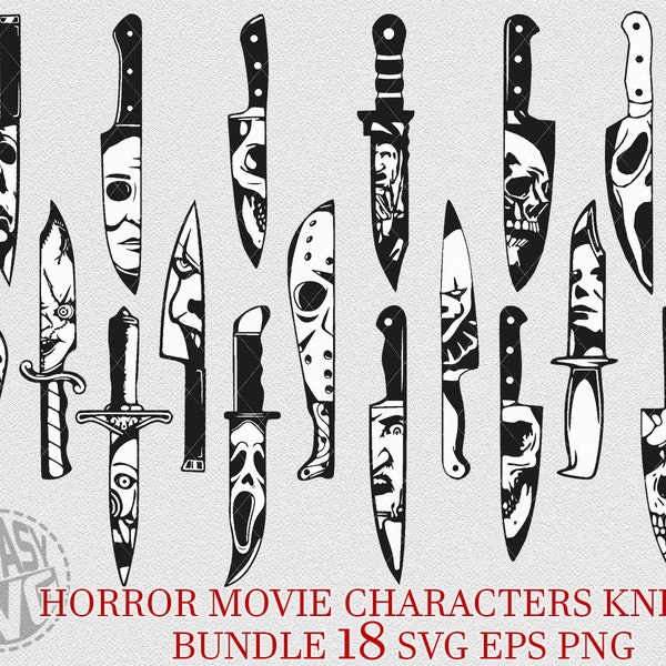 Horror Movie Characters Knives Chucky Michael Myers Jason Ghostface Halloween Bundle 18 Elements SVG PNG Cut Vector Printable