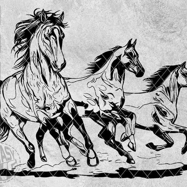 Wild Horses Gallop Canter Animal Nature SVG PNG Drawing Editable Printable