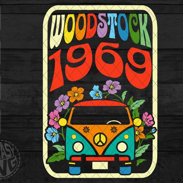 Woodstock 1969 Hippie Caravan Love Peace Heart Freedom Cannabis Flower Marijuana Weed SVG PNG Cut File Editable Printable