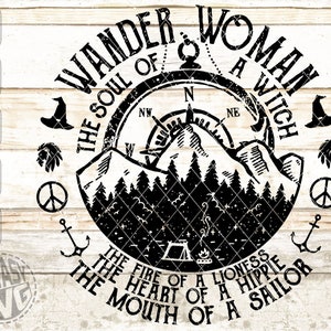 Wander Woman Route Camping Travel Adventure Wild Compass SVG DXF PNG Colorable Editable Printable