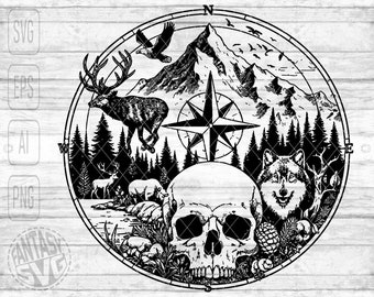 Scene Nature Wild Mountain Skull Camping Travel Adventure Compass Forest SVG PNG Download
