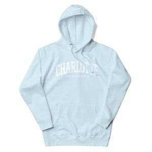 May include: Light blue hooded sweatshirt with white text that reads "CHARLOTTE NORTH CAROLINA".