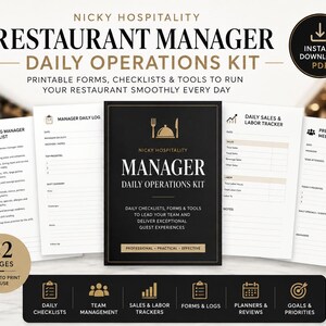 Könnte beinhalten: Ein digitales Set für das tägliche Restaurantmanagement mit 22 druckbaren Seiten, darunter Checklisten für die Eröffnung, Tagesprotokolle, Verkaufs- und Arbeitszeiterfassungen sowie Blätter für Schichtbesprechungen mit Text.