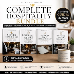 May include: A complete hospitality bundle featuring four essential guides totaling 39 pages. The set includes a server training kit, restaurant manager toolkit, manager daily operations kit, and opening and closing checklist, all presented as a digital download.