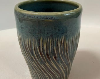 Turquoise Green Porcelain Tumbler | Hand-Carved Wheel-Thrown Ceramic Pottery Cup, Vase, or Holder