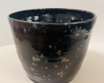 Handmade Stoneware Planter | Wheel Thrown Ceramic Pot, Metallic Blue Bursts