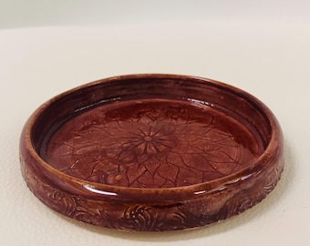 Dark Red/Maroon Hand-Carved Saucer, Small Drain Plate, Trinket Dish