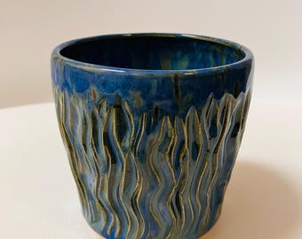 Blue Tide Porcelain Tumbler | Hand-Carved Ceramic Cup, Vase