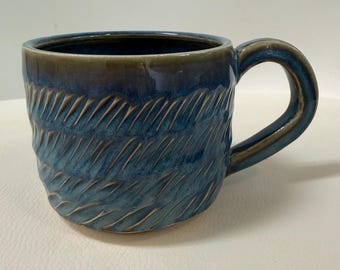 Blue Porcelain Mug | Hand-Carved Wheel-Thrown Ceramic Coffee Mug, Tea Cup, Handmade Pottery Drinkware