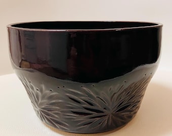 Black Amber Planter with Drain Holes | Handmade Sunbeam Carved Ceramic Pot
