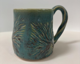 Deep Turquoise Green Porcelain Mug | Hand-Carved Floral Ceramic Coffee Mug with Twisted Handle, Wheel-Thrown Pottery Tea Cup