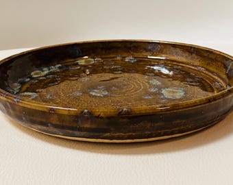 Handmaid Plate with Rustic Gold Blossom Pattern, Blue Green Sheen, Stoneware Dish