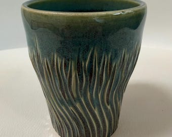 Turquoise Green Porcelain Tumbler | Hand-Carved Wheel-Thrown Ceramic Pottery Cup, Vase, or Holder