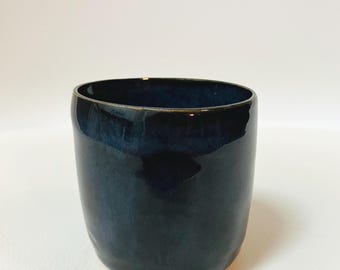 Handmade Dark Blue Stoneware Tea Cup - Rustic Ceramic Dish