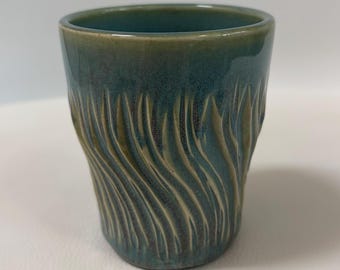 Turquoise Green Porcelain Tumbler | Hand-Carved Wheel-Thrown Ceramic Pottery Cup, Vase, or Holder