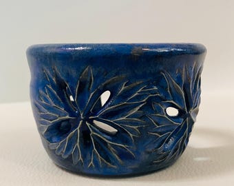 Hand Carved Porcelain Tealight Holder | Crystal Blue Floral Ceramic Pottery Home Decor