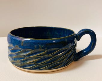 Handmade Porcelain Mug Bowl | Crystal Blue Seaweed Carved Ceramic Soup Cup