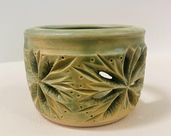 Hand Carved Floral Porcelain Candle Holder | Matte Green Speckled Tealight Decor