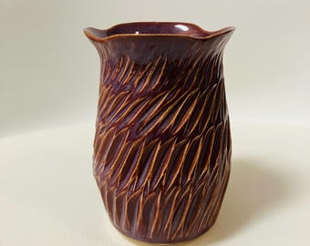 Maroon Hand-Carved Porcelain Vase | Smokey Merlot Glaze, Flared Edge Decorative Flower Vase