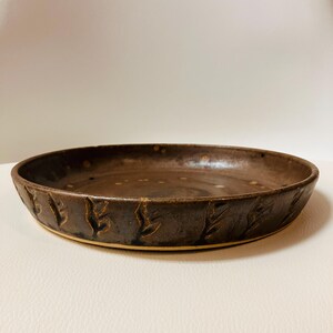 Handmade Stoneware Dish Plate | Rustic Copper Vine Carved Edge, Jewelry Dish / Plant Saucer
