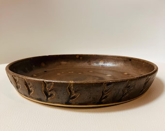 Handmade Stoneware Dish Plate | Rustic Copper Vine Carved Edge, Jewelry Dish / Plant Saucer
