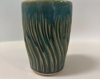 Turquoise Green Porcelain Tumbler | Hand-Carved Wheel-Thrown Ceramic Pottery Cup, Vase, or Holder