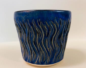 Electric Blue Tide Porcelain Mini Vessel – Hand-Carved Wave Design, Iridescent-like Interior