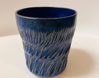 Electric Blue Tide Porcelain Vessel – Hand-Carved Wave Design, Iridescent-like Interior