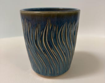 Rustic Blue Porcelain Tumbler | Hand-Carved Wheel-Thrown Ceramic Pottery Cup, Small Vase, Pen Holder, Rustic Home Décor