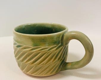 Handmade Speckled Porcelain Mug | Wheel Thrown Carved Ceramic Tea Cup