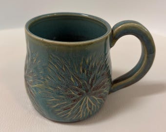 Deep Turquoise Green Porcelain Mug | Hand-Carved Floral Ceramic Coffee Mug with Classic Handle, Wheel-Thrown Pottery Tea Cup