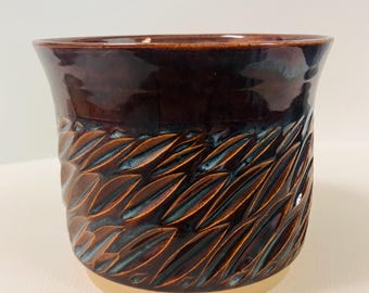 Rustic Blue & Brown Textured Stoneware Planter, Hand-Carved with Drain Holes